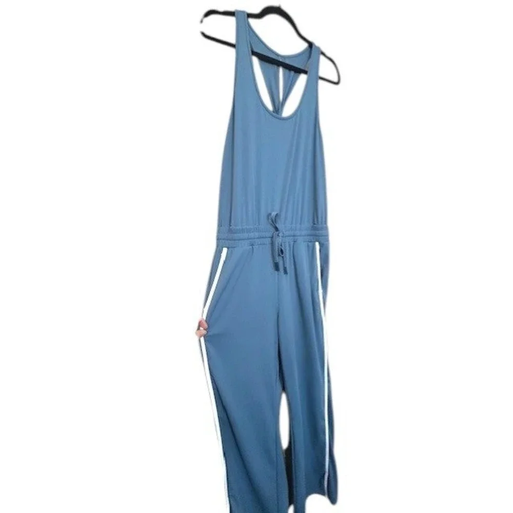 JoyLab Womens L Blue Athletic Wide Leg Jumpsuit Twist Back Stripe Leg Pockets - Picture 14 of 16
